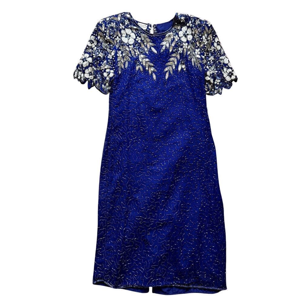 Vintage 80s 90s Blue Beaded Women's Cocktail Dress - Gorgeous! Size Small/Medium